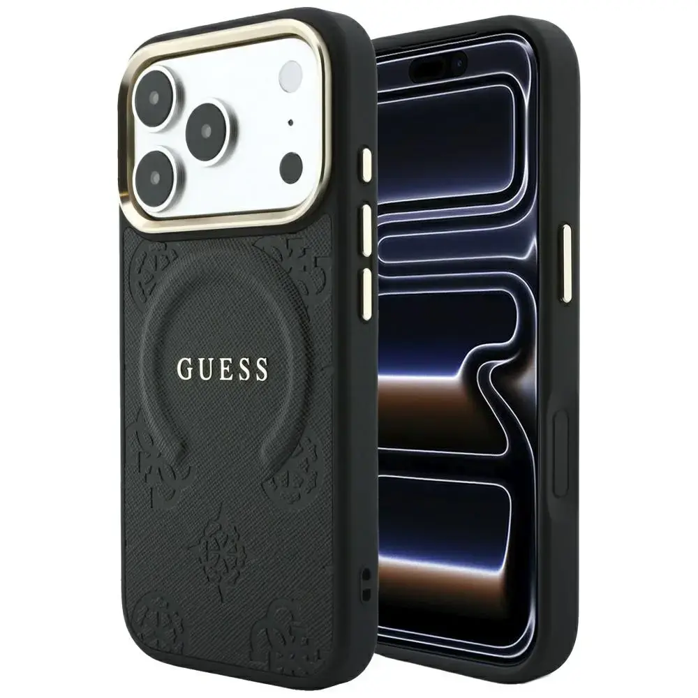 Guess Saffiano Peony & Ring phone case with stand and MagSafe support for iPhone 18 Pro Max | iPhone 17 Pro Max black