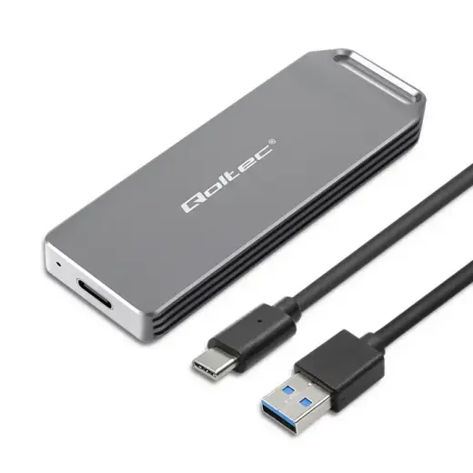 Корпус Qoltec 52266 Mini из алюминия | M.2 SSD NVMe PCIe | USB-C 3.1 Gen 2 10 Гбит/с | 2 ТБ, серебристый
