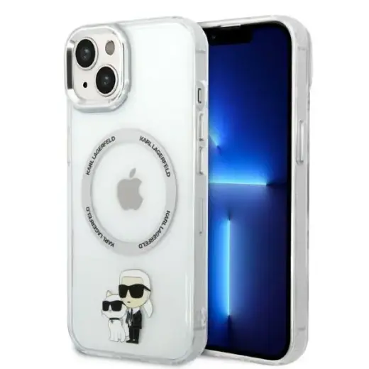 Karl Lagerfeld IML Karl and Choupette NFT maciņš ar MagSafe atbalstu telefonam iPhone 14 caurspīdīgs (kaķis)