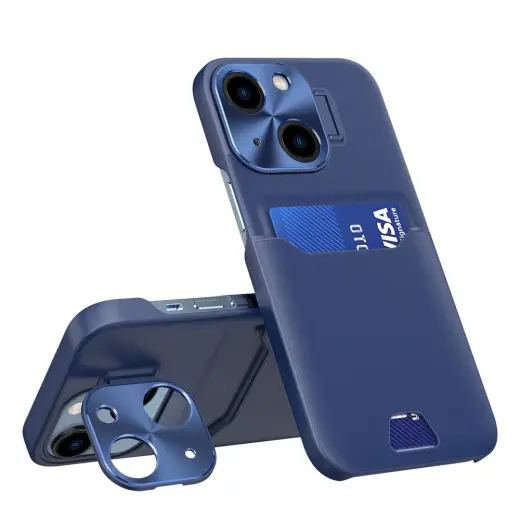 Leather Stand knyginio tipo telefono dėklas su stovu iPhone 14 mėlynas