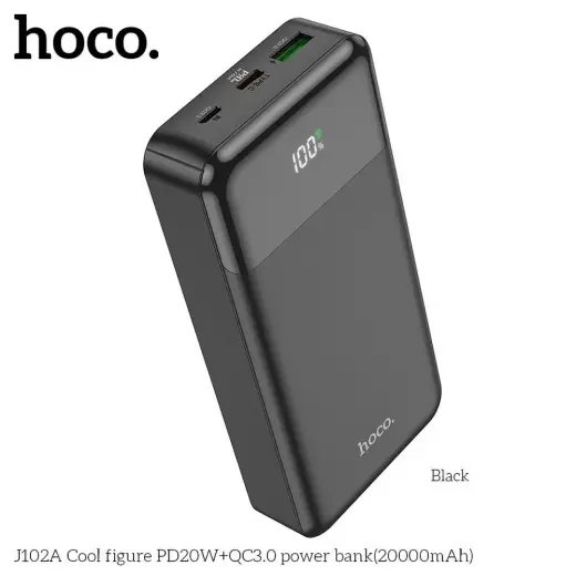 Hoco J102A ārējais akumulators (powerbank) | 20 000 mAh | 20W | PD, QC | melns