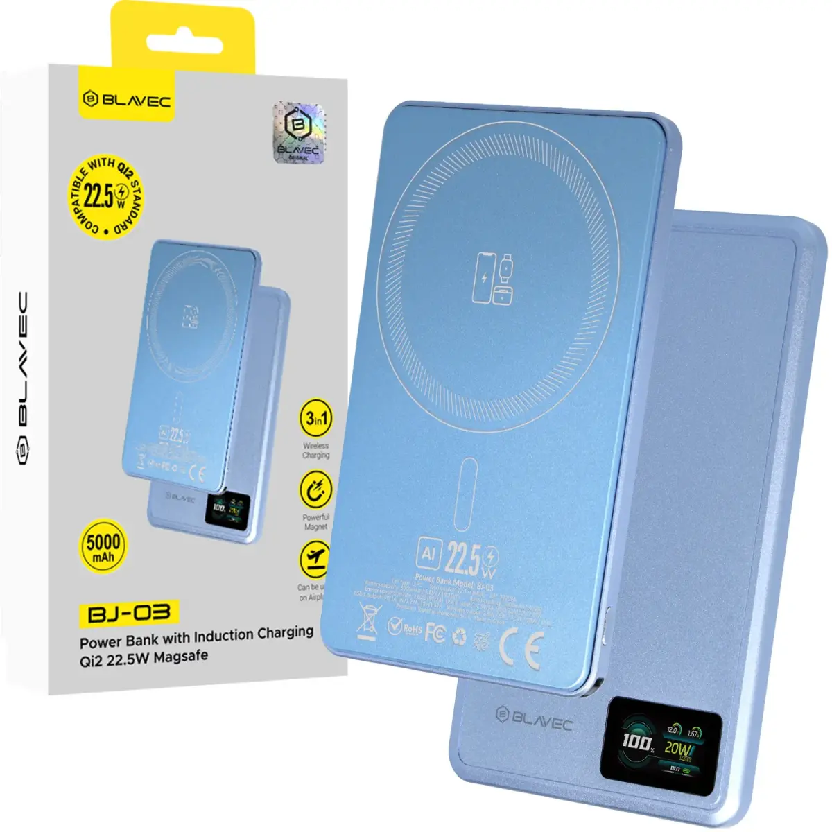 Blavec Power Bank 5000mAh BJ-03 Ultra Slim 7,8mm - Type C - 22,5W magnetic Magsafe 3 in 1 (PBBJ03-MC5LB) lightblue aluminum