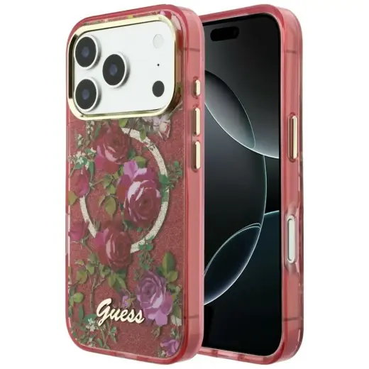 Case Guess IML Glitter Blossom Roses for iPhone 18 Pro Max / iPhone 17 Pro Max burgundy