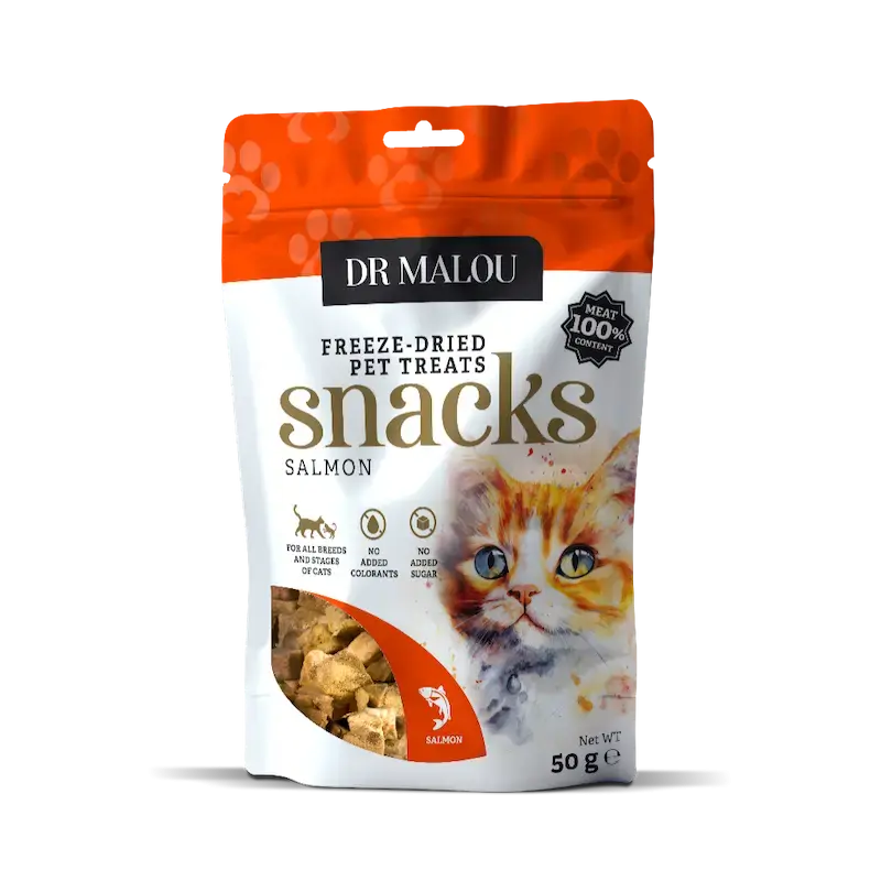 Gardumi kaķiem - DR Malou, Meat treats for cats, cubes, 100% freeze-dried salmon meat, 50g