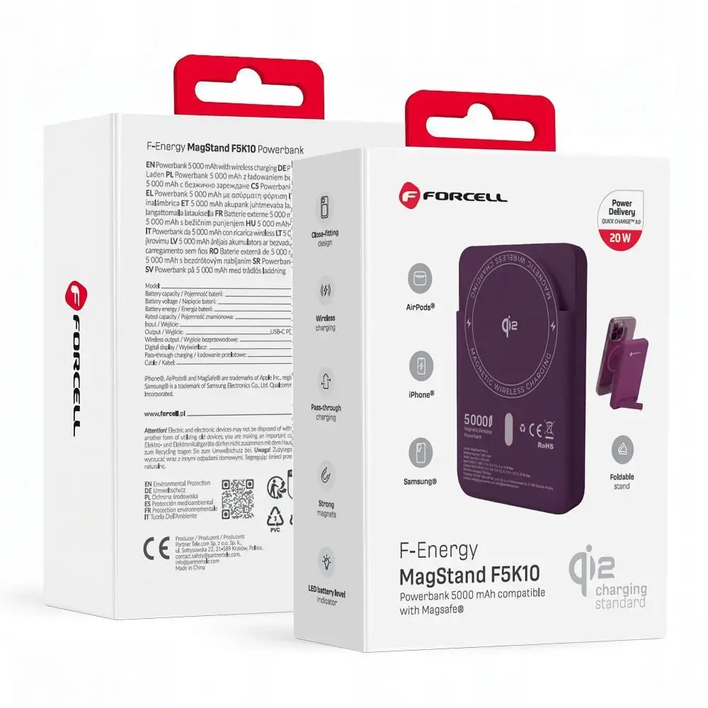 Forcell F-Energy MagStand Qi2 F5K10 ārējais akumulators (powerbank) | 5000 mAh | 20W | PD, QC | MagSafe | sarkans