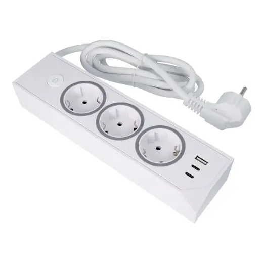 Power strip with 3 sockets max 3680W, 1xUSB A, 2x type C 25W ports with 1,5m power cable E59 white
