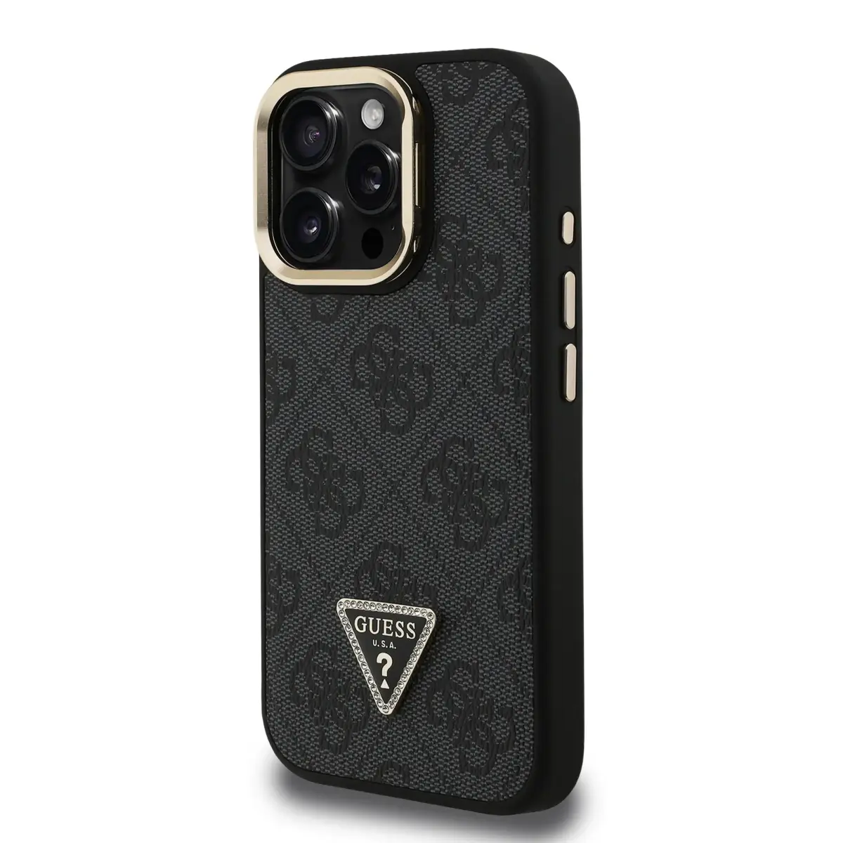 Guess PU 4G Strass Triangle Logo Stand Camera Frame MagSafe telefona maciņš iPhone 16 Pro melns