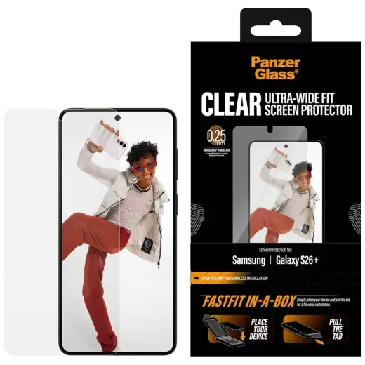 PanzerGlass Ultra-Wide Fit FastFit grūdintas apsauginis stiklas telefonui Galaxy S26+ su montavimo rėmeliu