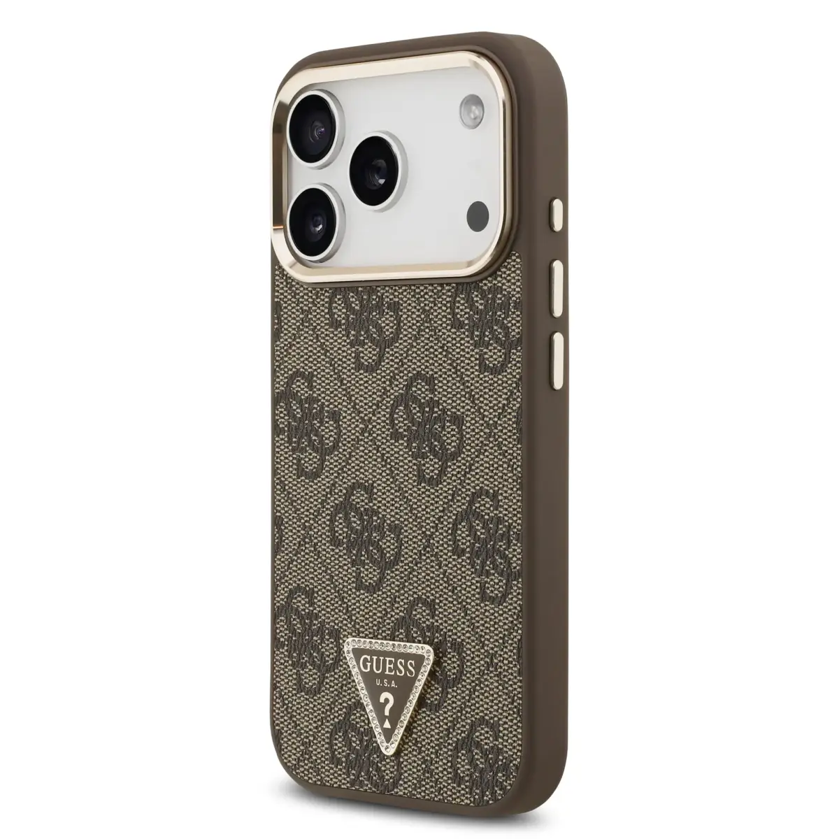Guess 4G Strass Triangle Logo Gold Frame maciņš ar MagSafe atbalstu telefonam iPhone 18 Pro brūns