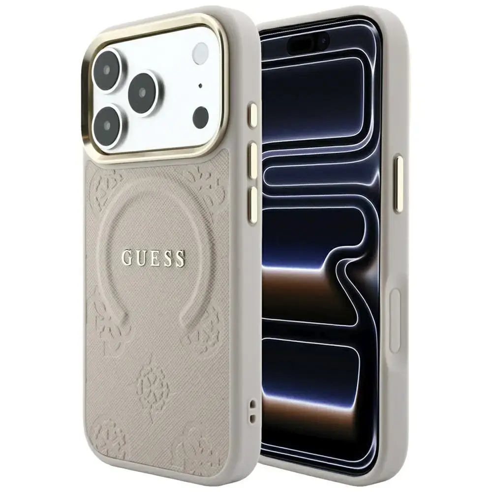 Guess Saffiano Peony & Ring maciņš ar statīvu un MagSafe atbalstu telefonam iPhone 18 Pro Max | iPhone 17 Pro Max rozā