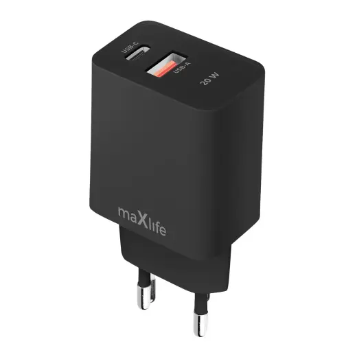 Maxlife MXTC-13 tīkla lādētājs | 20W | PD, QC, PPS | USB-C, USB-A | melns