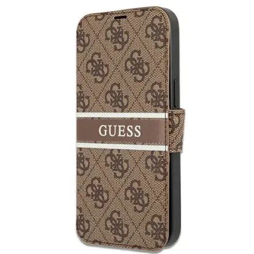 Guess GUBKP13L4GDBR 4G Printed Stripe grāmatveida maciņš telefonam iPhone 13 Pro brūns