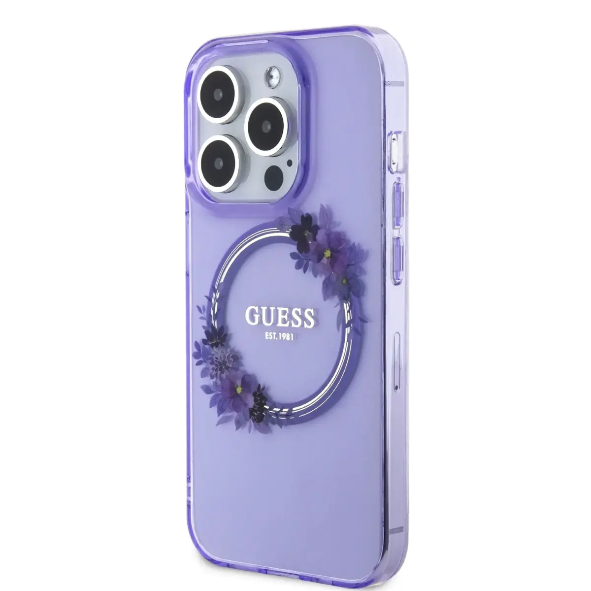 Guess PC|TPU Flowers Ring Glossy Logo maciņš ar statīvu un MagSafe atbalstu telefonam iPhone 15 Pro violets