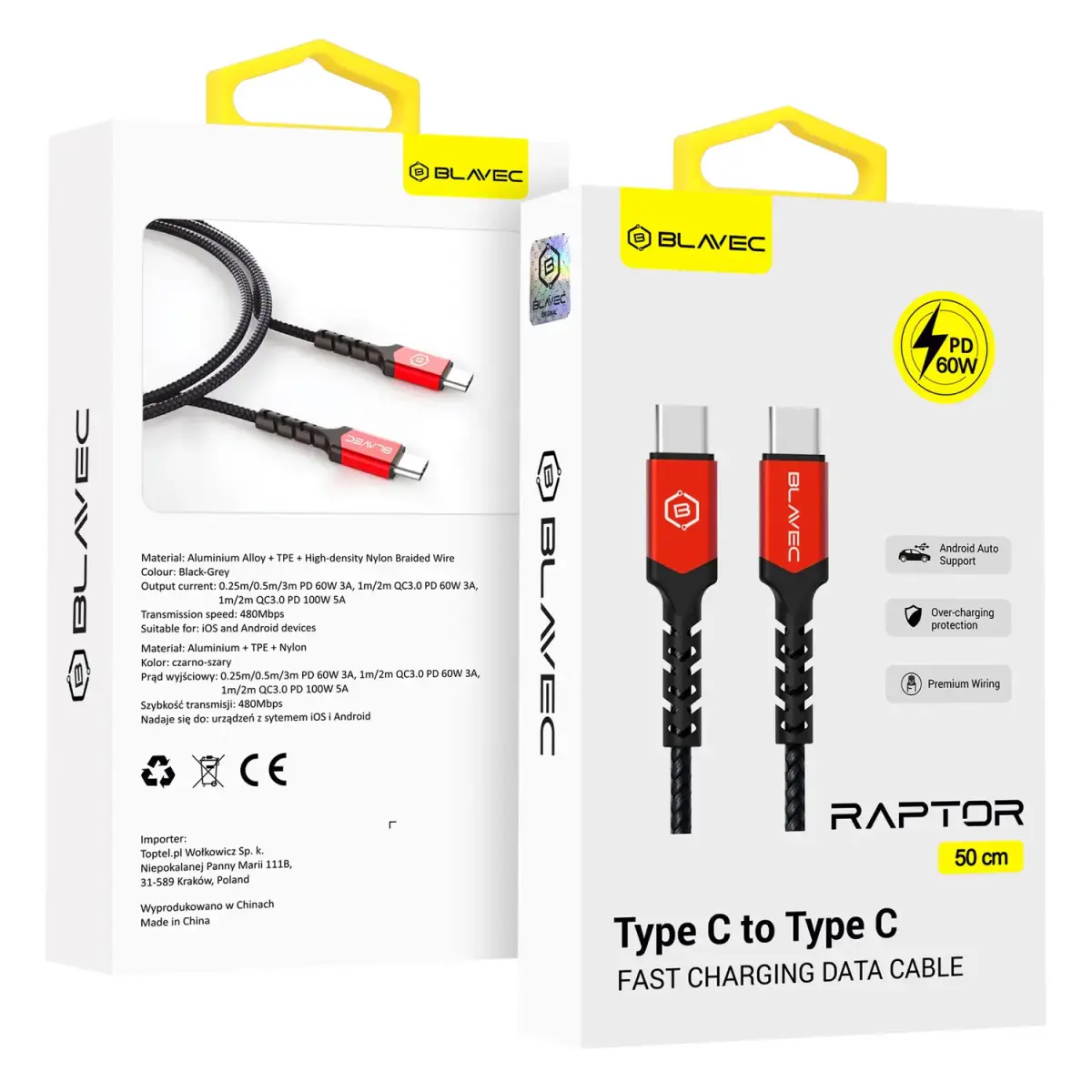Blavec Raptor CRA-CC3BR05 duomenų perdavimo ir įkrovimo laidas | USB-C į USB-C | PD | 60W | 0.5m | juodas, raudonas