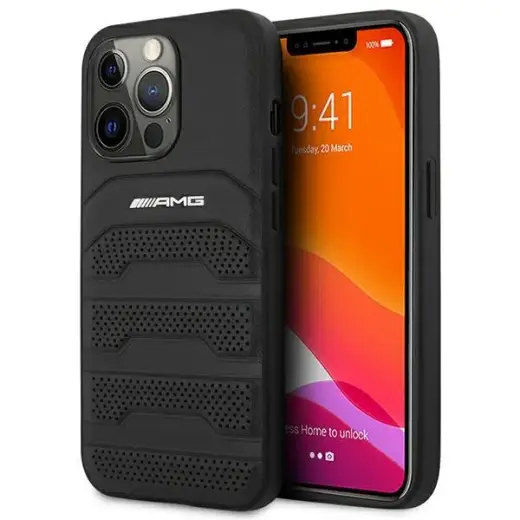 AMG AMHCP14LGSEBK Leather Debossed Lines maciņš telefonam iPhone 14 Pro melns
