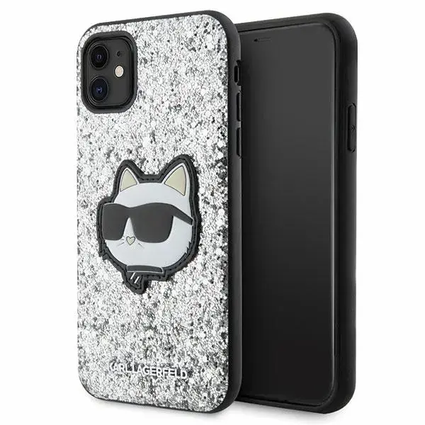 Karl Lagerfeld KLHCN61G2CPS Glitter Choupette Patch maciņš telefonam iPhone 11 | iPhone XR sudraba krāsā (kaķis)