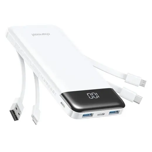 Charmast W1148 ārējais akumulators (powerbank) | 10 000 mAh | 15W | USB-A, USB-C, Lightning, Micro USB | balts
