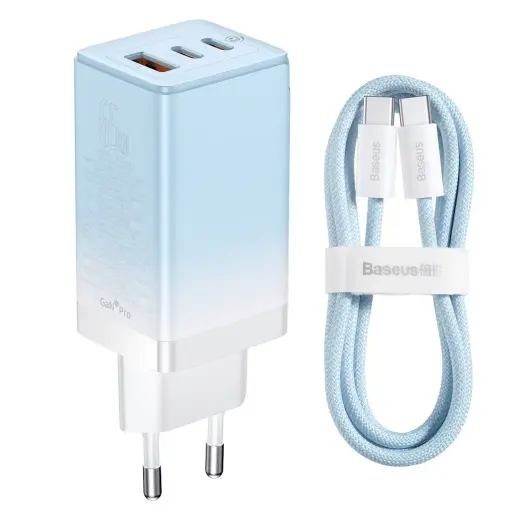 Baseus CCGP050103 tīkla lādētājs | 65W | GaN | USB-C, USB-A | USB-C uz USB-C vads komplektā | zils