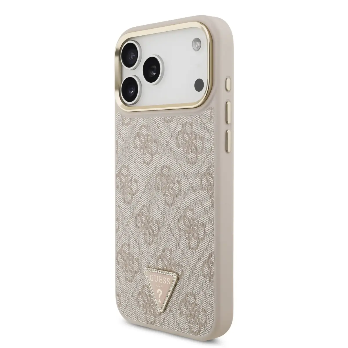 Guess 4G Strass Triangle Logo Gold Frame phone case with MagSafe support for iPhone 18 Pro Max pink