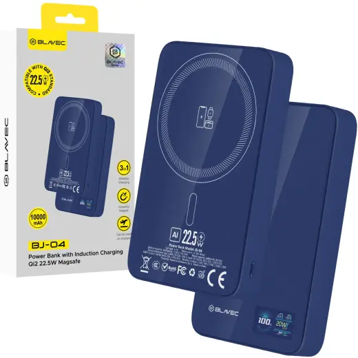 Внешний аккумулятор (powerbank) Blavec BJ-04 Slim | 10 000 мА·ч | 22.5 Вт | USB-C, Wireless, MagSafe | синий