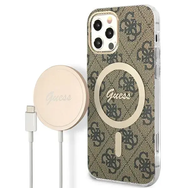 Zestaw Guess GUBPP12MH4EACSW Case+ Charger iPhone 12|12 Pro brązowy|brown hard case 4G Print MagSafe
