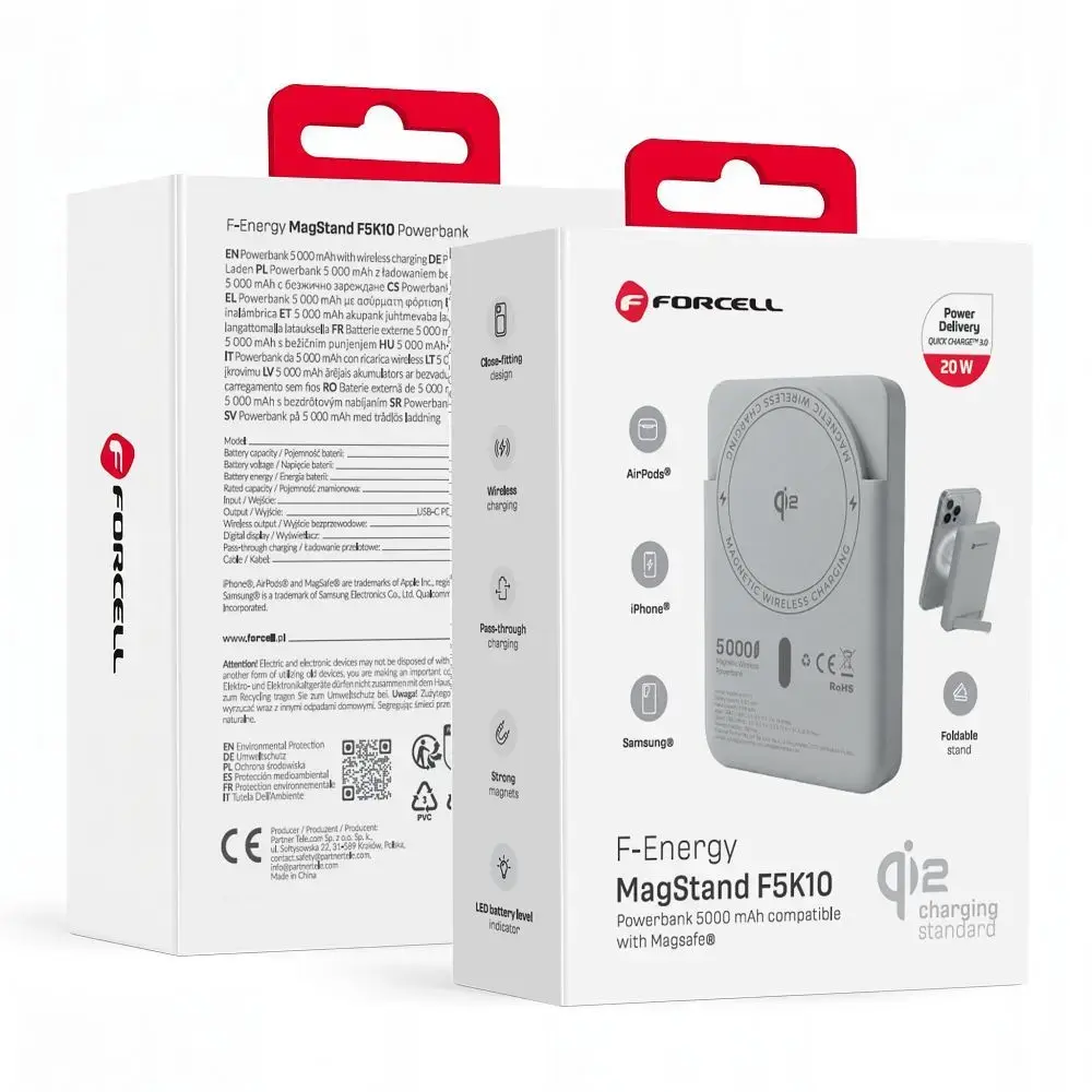 Forcell F-Energy MagStand Qi2 F5K10 ārējais akumulators (powerbank) | 5000 mAh | 20W | PD, QC | MagSafe, Wireless | balts