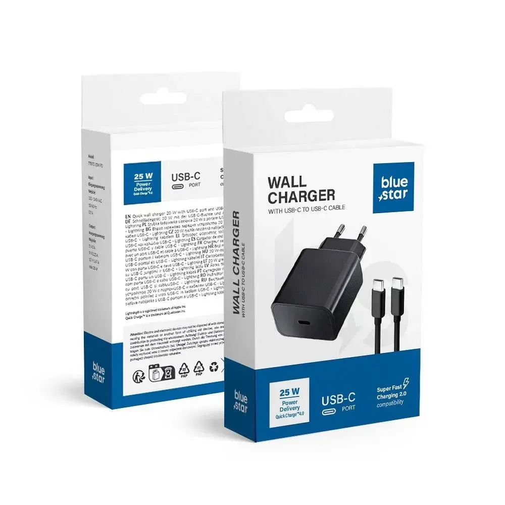 Зарядное устройство Blue Star TFB-TC-25WPD | 25W | PD, QC | USB-C | с кабелем USB-C на USB-C в комплекте | чёрное