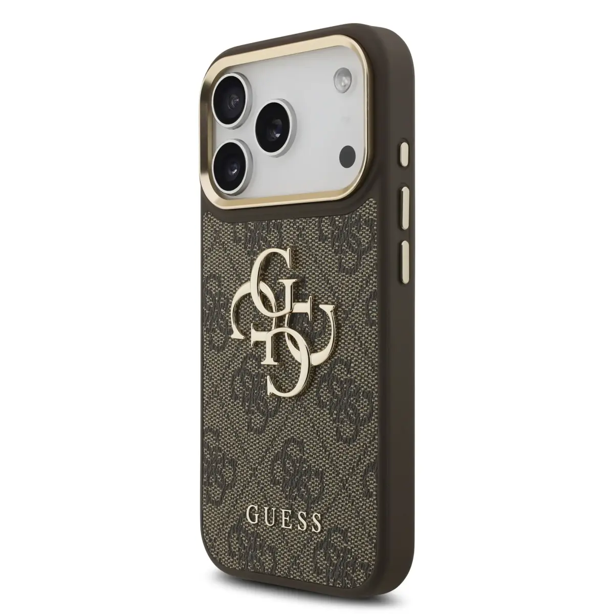 Guess PU Leather 4G Metal Logo Gold Frame maciņš telefonam iPhone 18 Pro brūns