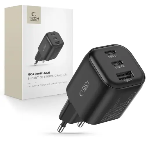 Tech-Protect NCA100W-GAN-AVS tīkla lādētājs | 100W | PD, QC, GaN | melns