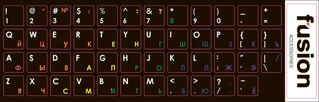 Fusion laminētas klaviatūras uzlīmes RU | ENG varavīksnes krāsas