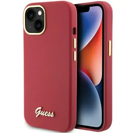 Guess GUHCP15SSMBSLM Script Metal Logo & Frame maciņš telefonam iPhone 15 rozā