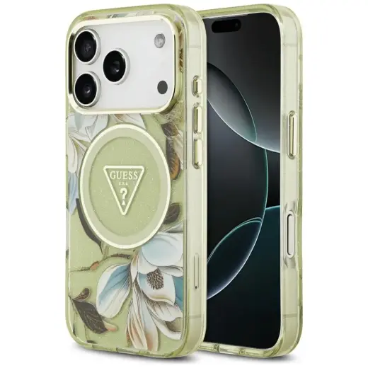 Guess IML Glitter Flowers Triangle MagSafe Case for iPhone 17 Pro / 18 Pro - Green