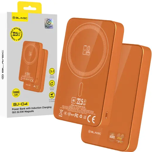 Внешний аккумулятор (powerbank) Blavec BJ-04 Slim | 10 000 мА·ч | 22.5 Вт | USB-C, Wireless, MagSafe | оранжевый