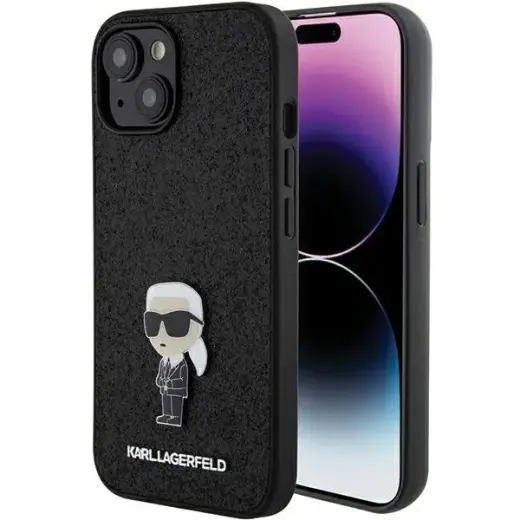 Karl Lagerfeld KLHCP15SGKNPSK Fixed Glitter Ikonik Logo Metal Pin maciņš telefonam iPhone 15 melns