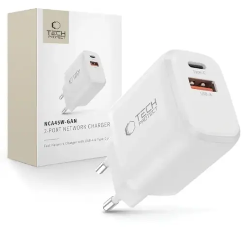 Зарядное устройство Tech-Protect NCA45W-GAN | 45W | PD, QC, GaN | USB-C, USB-A | белое