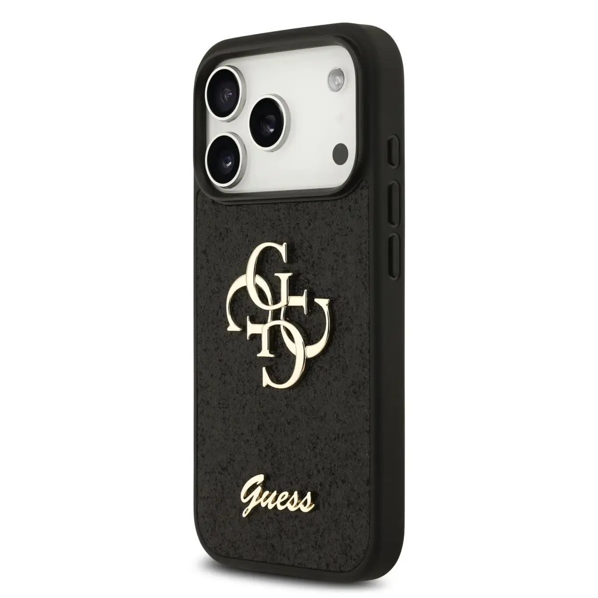 Guess PU Fixed Glitter 4G Metal Logo maciņš telefonam iPhone 18 Pro melns