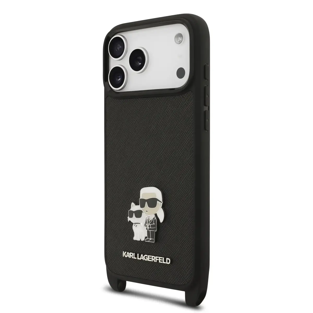 Karl Lagerfeld Saffiano Crossbody Strap Metal Karl and Choupette Case for iPhone 17 Pro Black