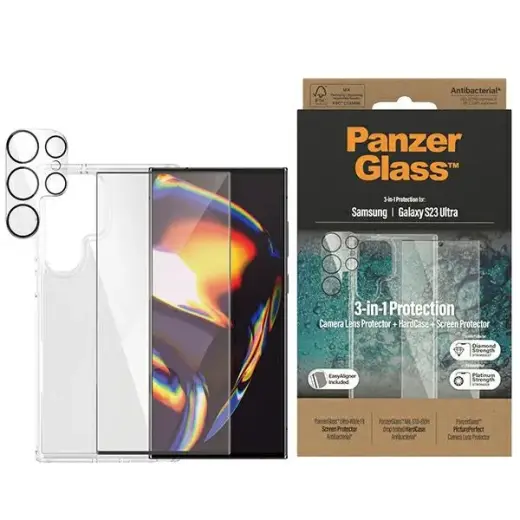 PanzerGlass 3-in-1 aizsardzības komplekts (maciņš + ekrāna stikls + kameras stikls) telefonam Samsung Galaxy S23 Ultra