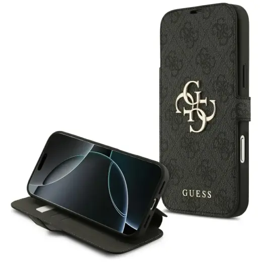 Guess 4G Metal Logo grāmatveida maciņš telefonam iPhone 18 Pro Max | iPhone 17 Pro Max melns