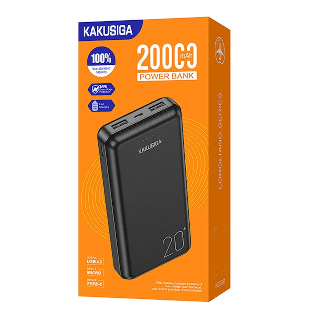 KAKUSIGA KSC-881 ārējais akumulators (powerbank) | 20000 mAh | 15W | USB-A, Micro USB, USB-C | melns