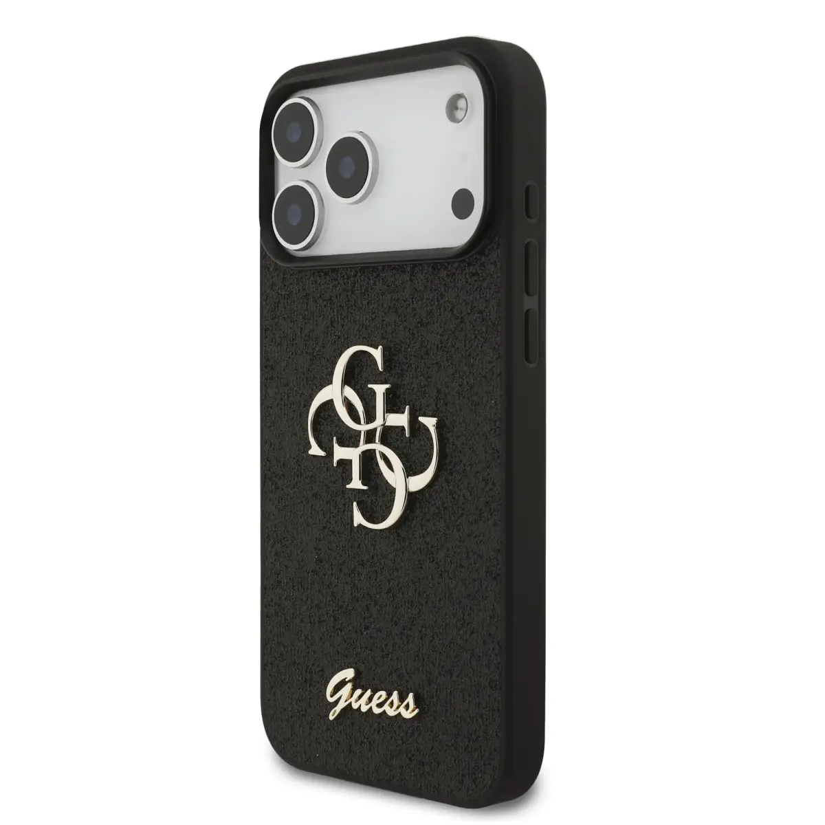 Guess PU Fixed Glitter 4G Metal Logo maciņš telefonam iPhone 18 Pro Max melns