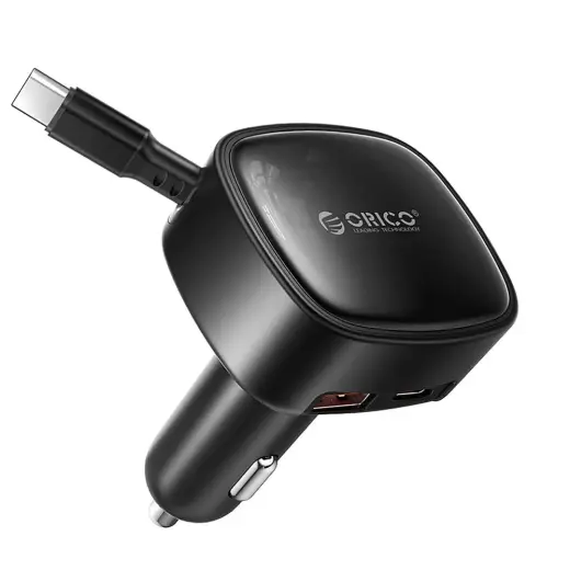 Orico FC-66-1A2C auto lādētājs ar iebūvētu izvelkamu USB-C vadu | 66W | USB-A, USB-C | melns