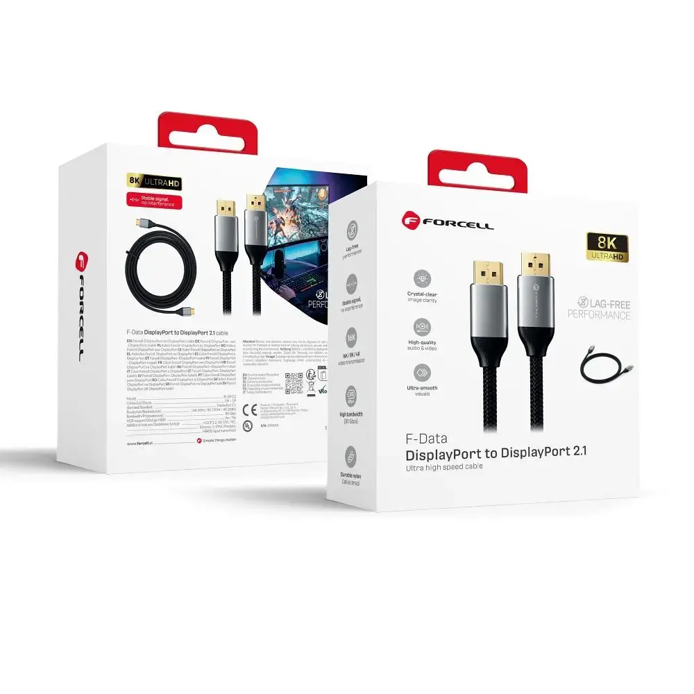 Cable Display Port to Display Port 2.1 Forcell 16K 60Hz/8K 120Hz/4K 240Hz - High Speed, HDR, Ethernet, G-SYNC/FreeSync, 80Gbps, 2 m black