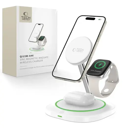 Tech-Protect QI15W-A46 3-in-1 bezvadu lādētājs | Qi | Saderīgs ar MagSafe | 20.5W | balts
