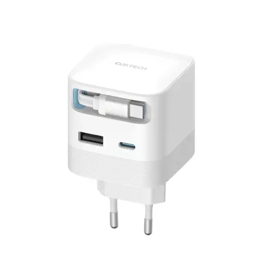 Cuktech AD653W tīkla lādētājs | 67W | GaN | USB-C, USB-A | ar iebūvētu 70cm ievelkamu USB-C vadu | balts