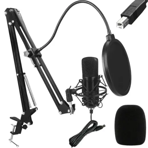Fusion Studio USB mikrofons | Podkāsti | Straumēšana | Balss ierakstīšana + regulējams statīvs, pop filtrs | melns