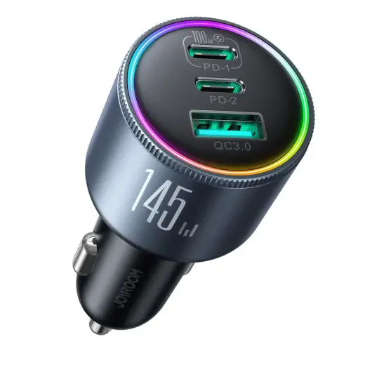 Joyroom JR-CCN07 auto lādētājs | 100W | USB-C, USB-A | ar USB-C uz USB-C vadu komplektā | pelēks