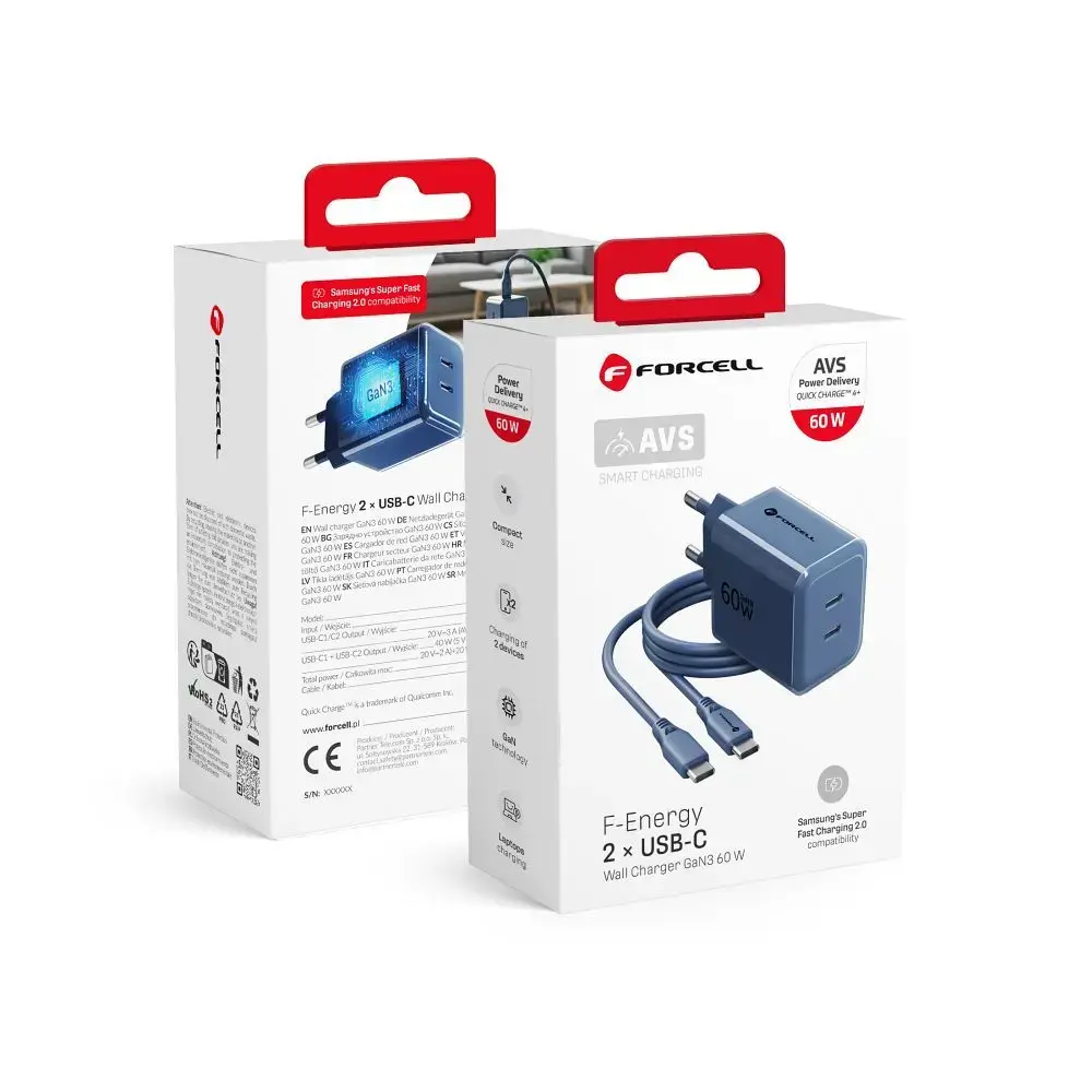 Зарядное устройство Forcell F-Energy GaN III Crystal Color | 60W | GaN, PPS | USB-C | с кабелем USB-C на USB-C в комплекте | тёмно-синее