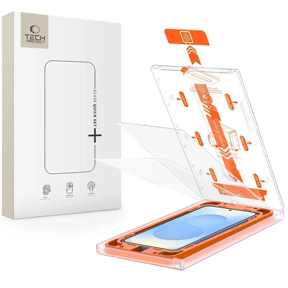 Tech-Protect Quick Set+ aizsargstikls telefona ekrānam Samsung Galaxy S25+ (S936) ar uzstādīšanas rāmi (2 gab.)