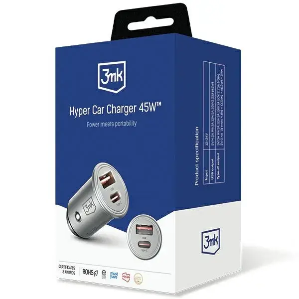 3MK HyperCar Charger 45W automašīnas lādētājs | 45W | USB-A, USB-C | melns